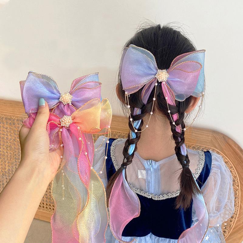 

Hair Accessories Pearl Chain Girls Mesh Streamer Bows Long Tassel Ponytail Clips Gradient Children Hairpins Baby, 02