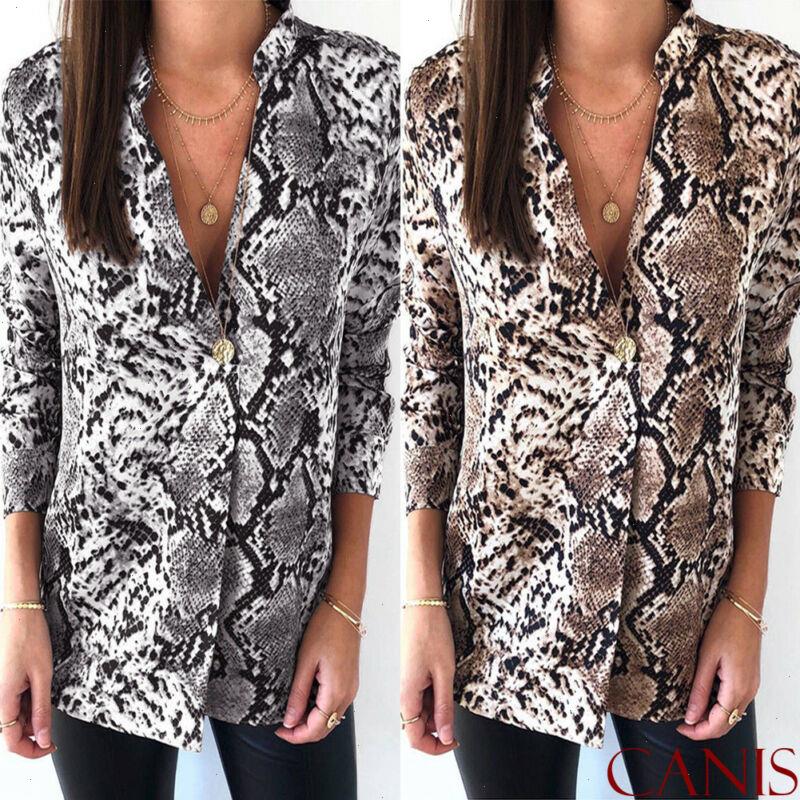 

Women Snake Skin Print Tee Shirt Top Ladies Loose Button V Neck Blouse Size Casual Long Sleeve Fashion Chiffon Vintage, Yellow