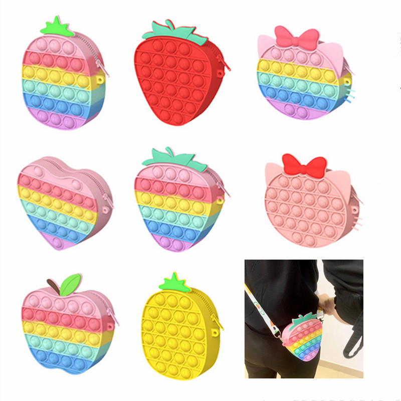 

Strawberry Cat Pineapple Fidget Pops toys Sensory Bubble Bretelle Shoulder Bag Cellphone Straps Finger Push Phone Pouch Case Change Coin Purse Decompression Kids