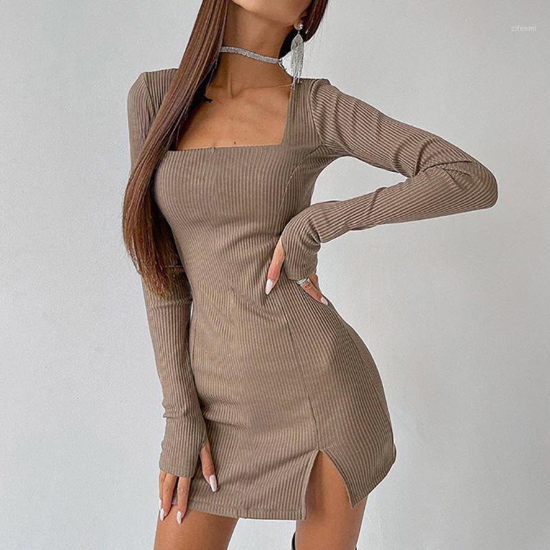 

Casual Dresses Forefair 2022 Autumn Winter Knitted Long Sleeve Square Collar Bodycon Women Dress Causal Party Split Sexy Women' Mini, Black