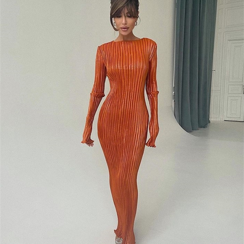 

TiulZial Basic Orange Maxi Bodycon Dress Autumn Summer Long Sleeve Pleated Plisse Casual es Women 220506