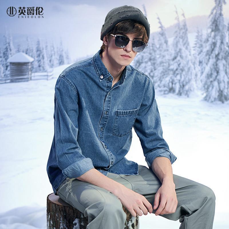 

Enjeolon 2022 Autumn Denim Shirts Trendy Solid Coat Young Turn-down Neck Male Tops NT4214 Men's Casual, Mazarine