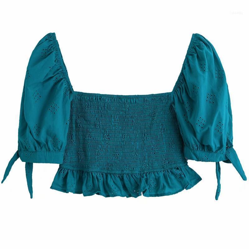 

Women Vintage Square Collar Puff Sleeve Casual Shirt Pleated Ladies Solid Color Blouses Chic Roupas Femininas Tops Women's & Shirts, Blue