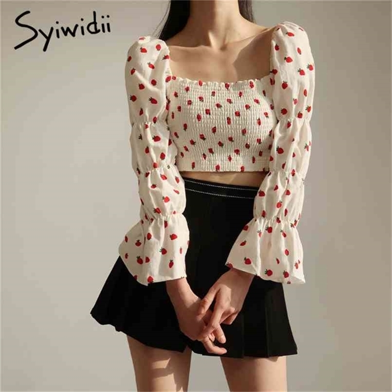 

Blouse Women Strawberry Print Slash Neck Puff Long Sleeve Shirts White Black Yellow Party Off Shoulder Tops Summer 210607