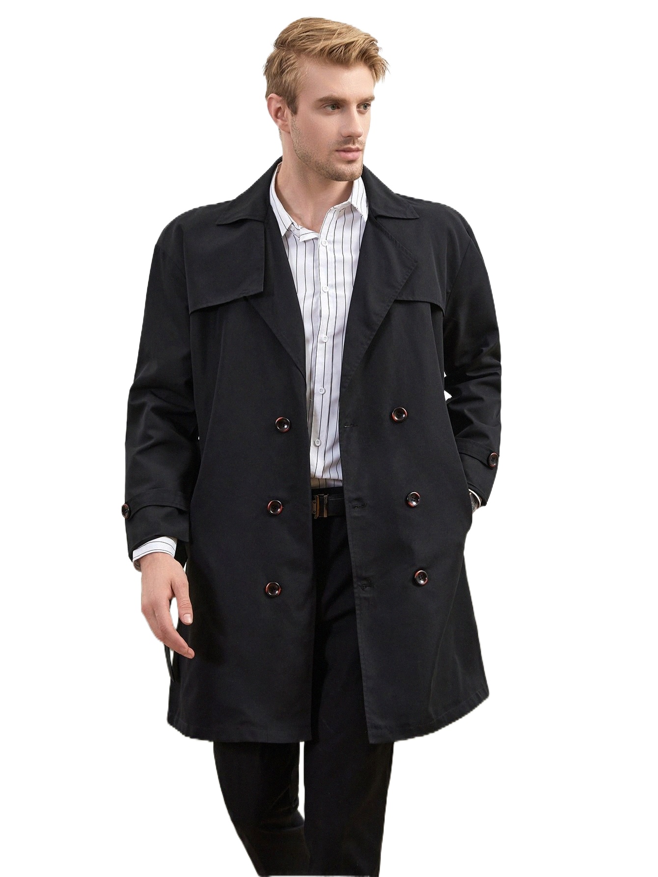 

men Double Breasted Slant Pockets Trench Coat u2gk#, Black