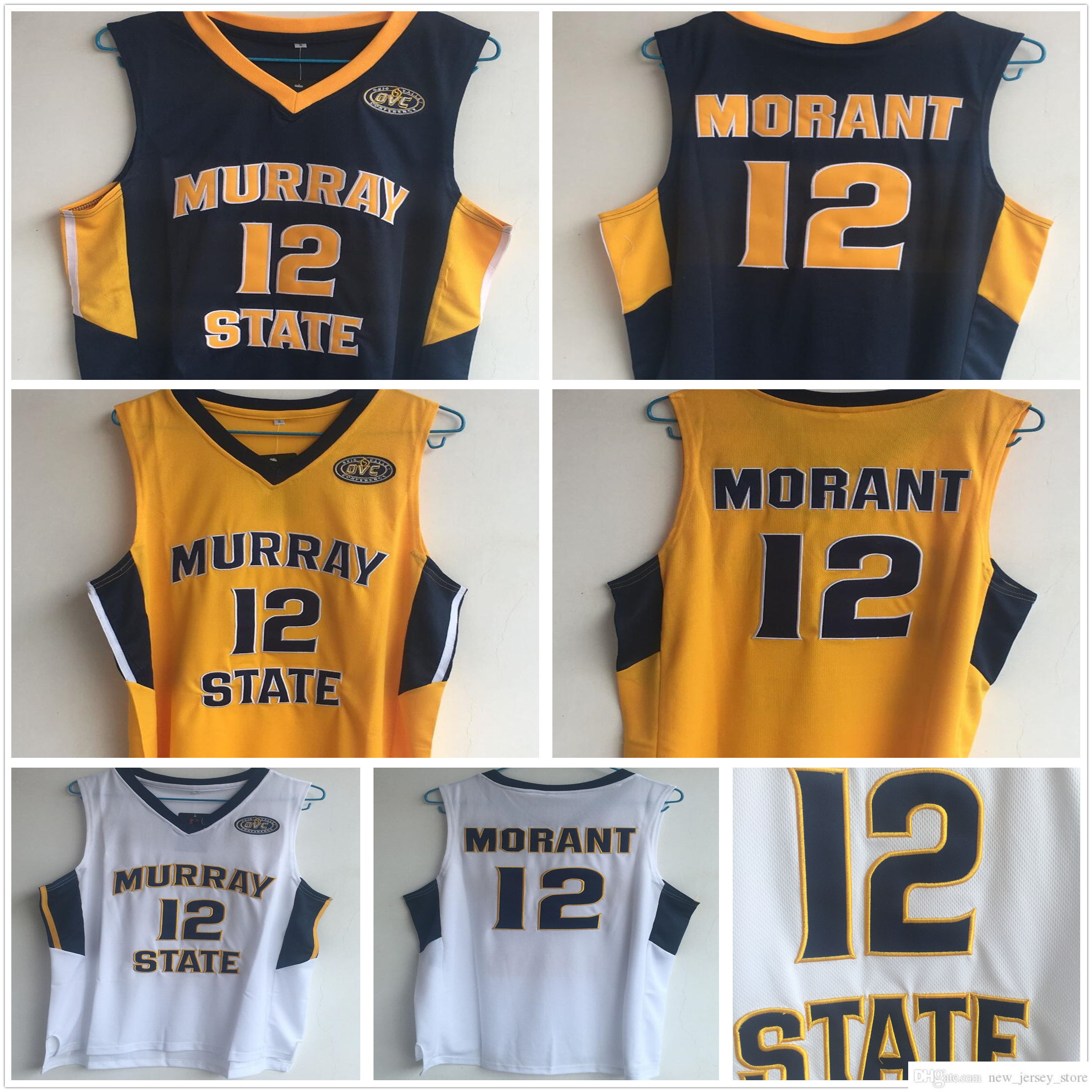 

Stitched NCAA Vintage Murray State Racers College Basketball Jerseys Ja 12 Morant Blue White Yellow Stitched Ja Morant Jersey Shirts OVC Patch -2XL