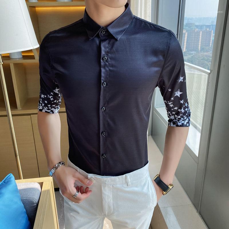 

Korean Half Sleeve Shirt Men Streetwear Fashion Star Print Mens Casual Slim Fit Dress Tuxedo Camiseta Masculina Men's Shirts, Black