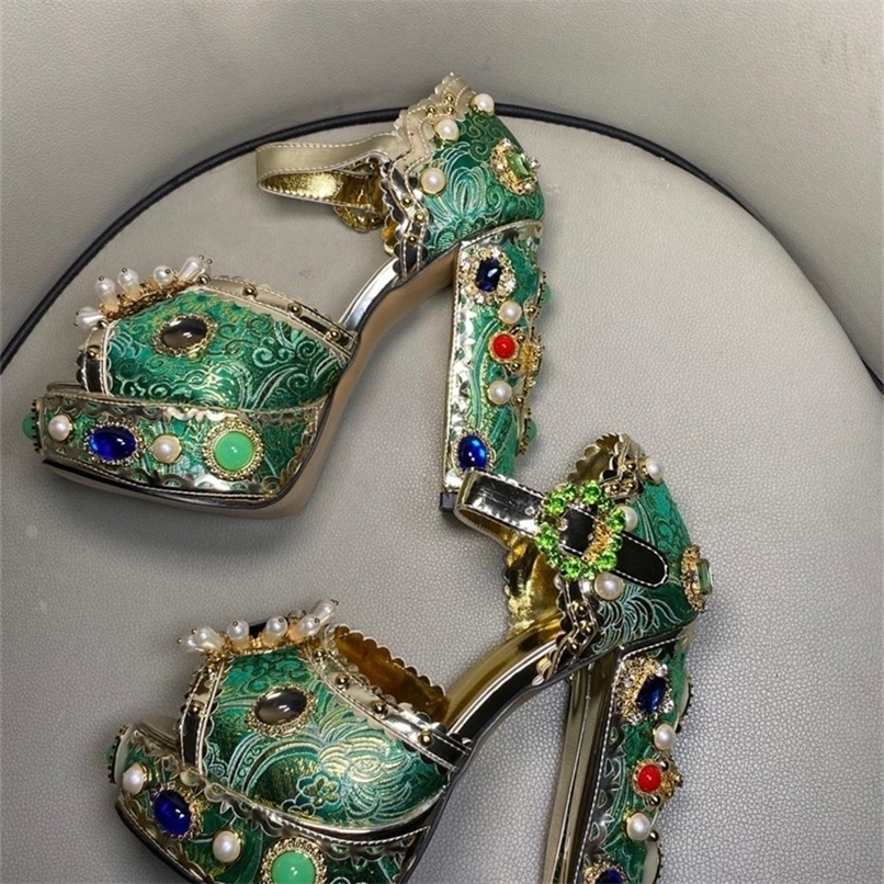 

Gemstone Platform Sandals Super High Heel Pearl Decor Luxury Flower Shoes Women Formal Bridal Wedding Sandals 220406, Pic style