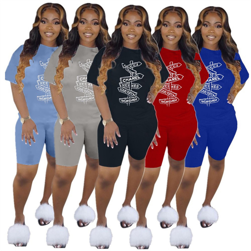 

Wholesale Tracksuits Summer 2022 Fashion Letter Print Clothing Womens Short Sleeve Sportswear Brand Shorts 2 Piece Sets Klw9235, Light blue