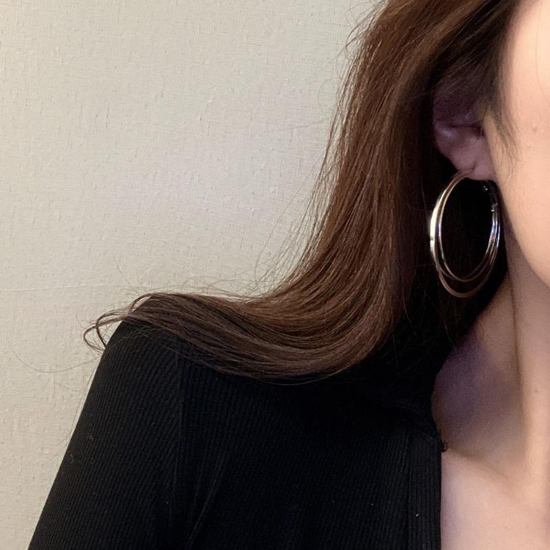

Hoop & Huggie Punk For Girls Exaggerate Double Layer Round Stud Earrings Korean Dangle Women Ear JewelryHoop