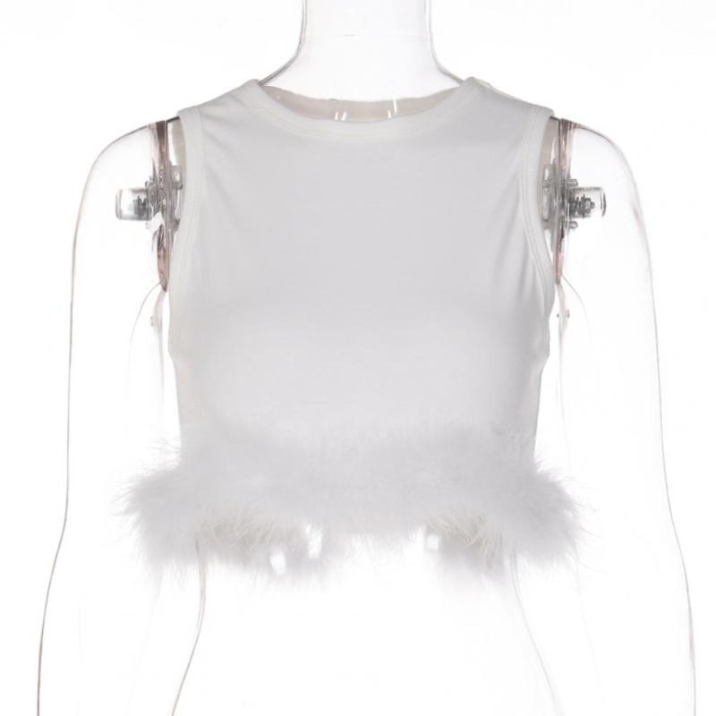 

Women' Blouses & Shirts Lightweight Charming Plush Splicing Hem Sexy Vest Top Thin Summer Camisole Round Neck Female ClothingWomen, White