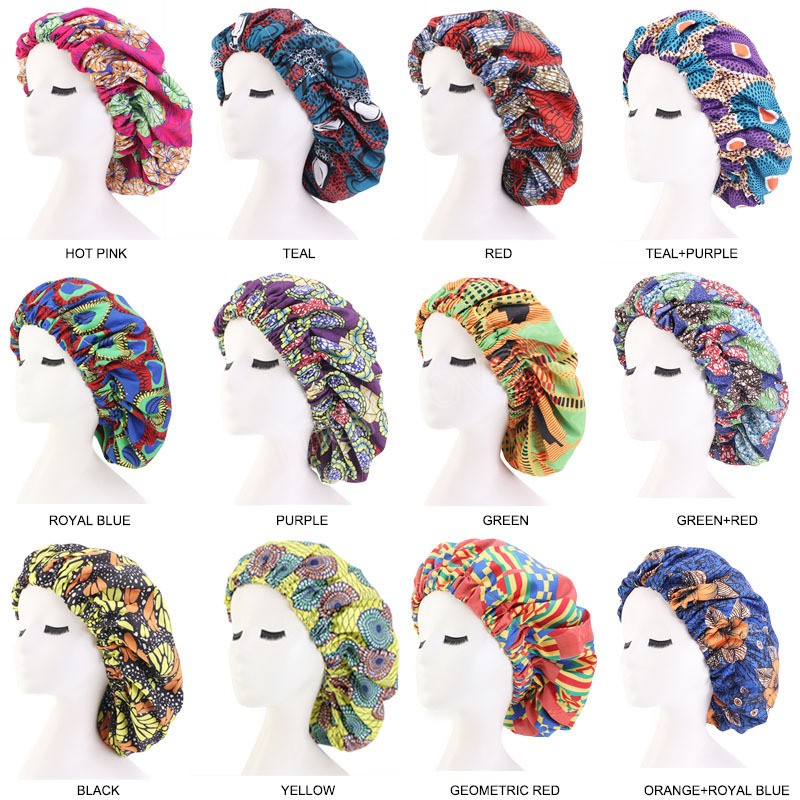 

African Pattern Satin Lined Bonnet Double Layer Sleep Cap Extra Large Headwrap Soft Head Cover Hair Care Hat Wholesale, Mixed color