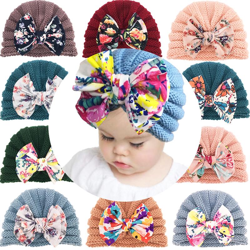 

Caps & Hats Winter Girl Lovely Printed Bow Knitted Baby Head Multicolor Printing Hat For Four Seasons Kids Beanies CapCaps, Blue