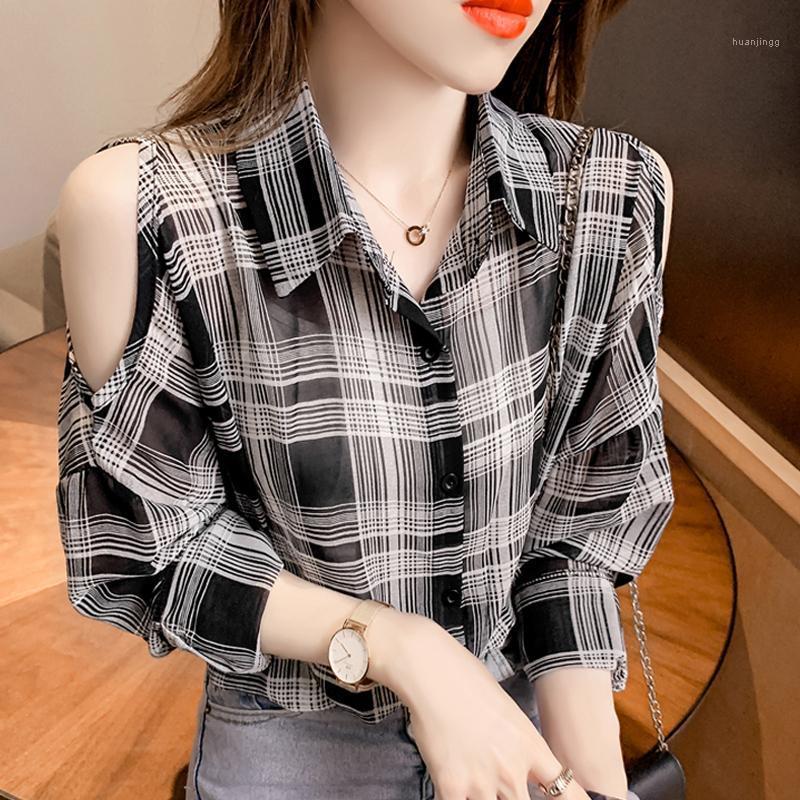 

Women' Blouses & Shirts Check Shirt Summer 2022 Retro Hong Kong Style Off Shoulder Thin Sunscreen Loose Chiffon Versatile Top, See chart