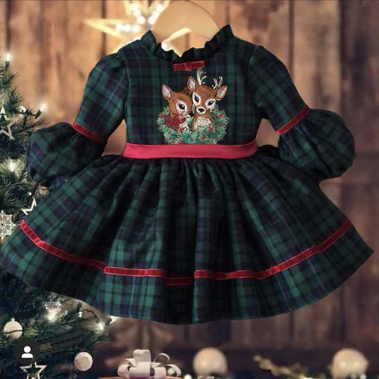 

Girl's Dresses 0-12Y Baby Girl Autumn Winter Green Plaid Deer Embroidery Vintage Spanish Princess Ball Gown Dress For Christmas Eid CausalGi, As pic