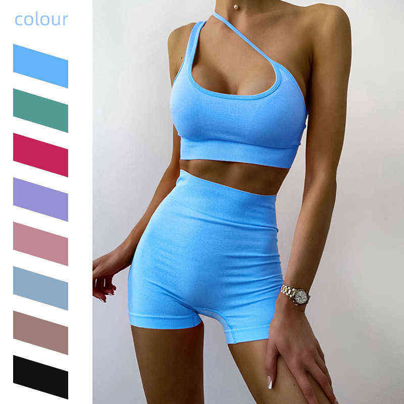 

Seamless Yoga Set Women Sexy Sling Shoulder Strap Sports Bra High Waist Leggings Fitness Sportswear Sports Suits Gym Set T220725, Black