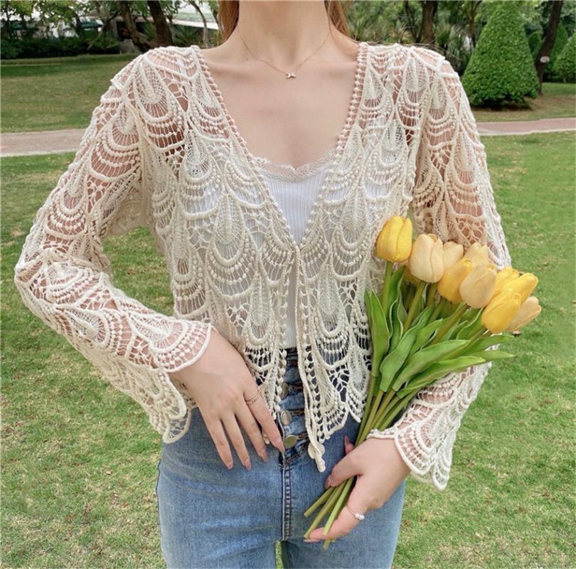 

Women's Blouses & Shirts Spring Summer Sexy Top Handmade Crochet Women Boho Beach Cover Up Elegant Lace Blouse Cardigan Crop, Apricot