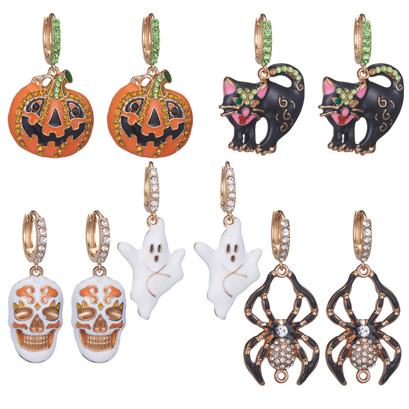 

Dangle Chandelier HUANZHI Halloween Metal Drip Oil Pumpkin Cat Spider Skeleton Zircon Dr 220826