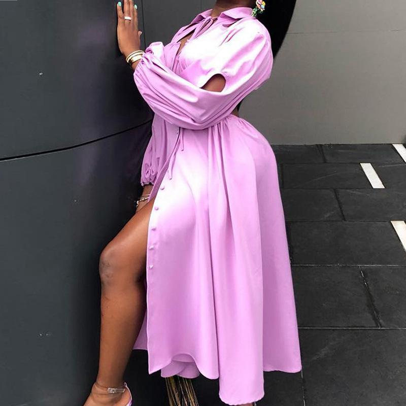 

Casual Dresses Fashion Temperament Waist Single-breasted Solid Color DressLadies' Spring And Autumn Products Recommend Long Sleeve Lapel, Purple