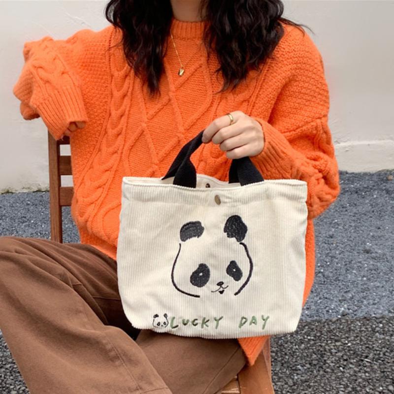 

Evening Bags Cute Panda Embroidered Women Shoulder Bag Retro Corduroy Female Small Tote Purse Handbags Daily Student Girls Lunch Bento