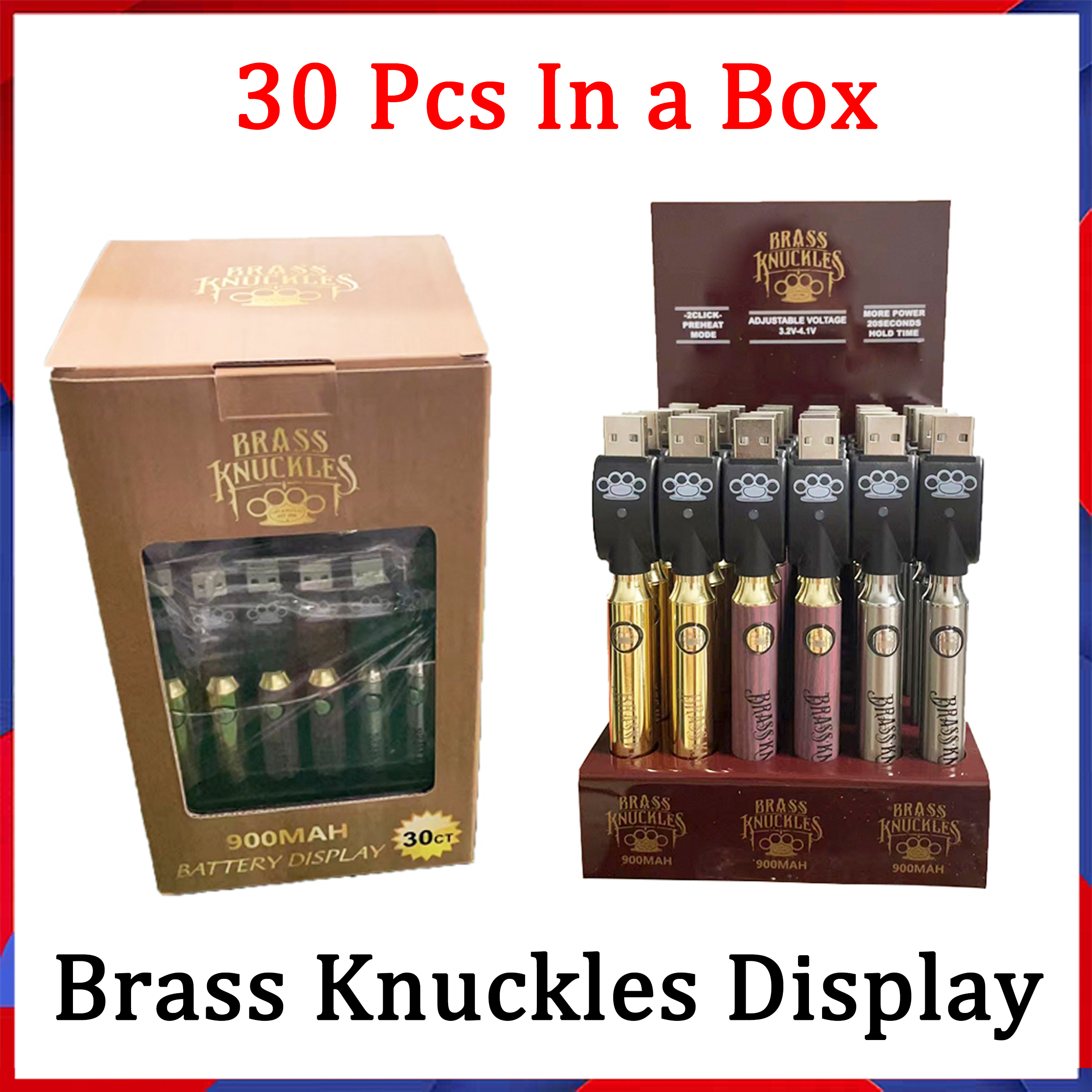 

Newest Brass Knuckles Battery Display 900mAh Vape Voltage Adjustable With Chargers Preheat Function 3 Colors 30pcs ct Per Display