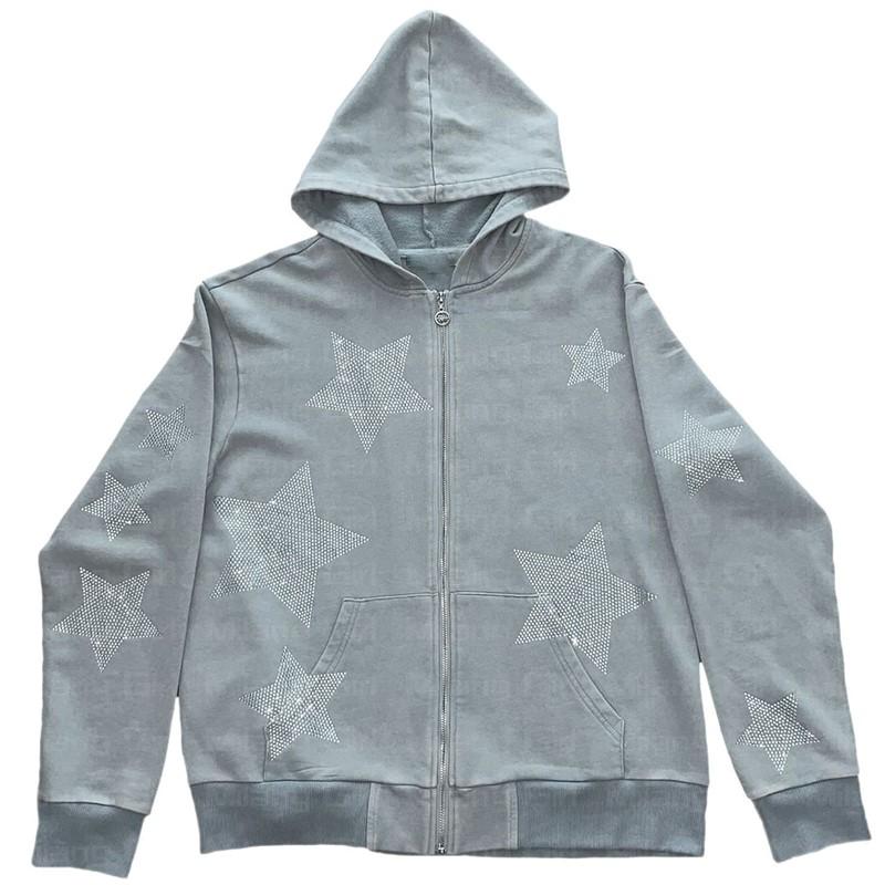 

Men' Hoodies & Sweatshirts Rhinestone Stars Print Oversized Vintage Streetwear Women Zip Up Grunge Hooded Jackets Y2k ClothesMen, Blue