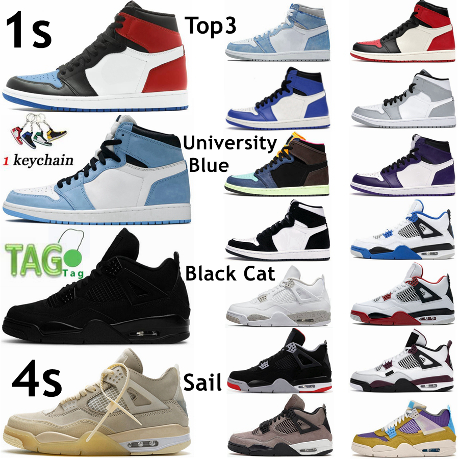 

Hyper Royal 1 Bred Patent 4 Black Cat Men women Basketball shoes 1s Rebellionaire Dark Mocha Heritage UNC 4s Red Thunder White Oreo Sail Mens trainers Sports Sneakers, 44