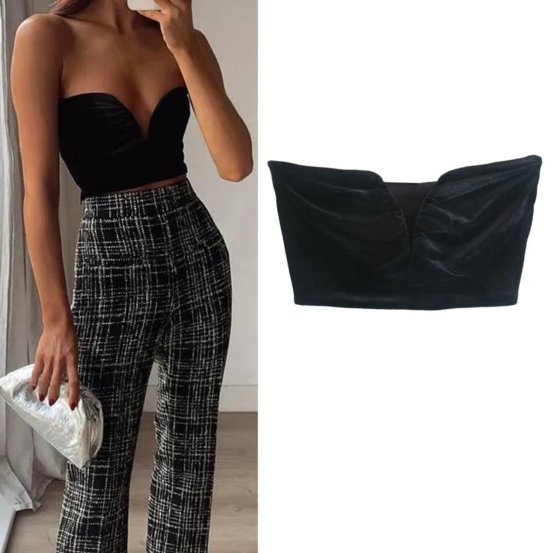 

Women' Blouses & Shirts Black Corset Top Female Velvet Crop Woman Party Sexy Tube Tops Women 2022 Ruched Vintage Sleeveless Strapless