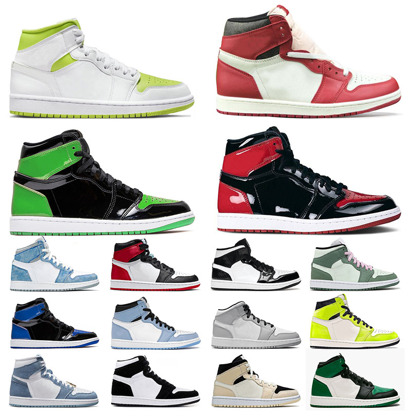 

New Jumpman 1 1s Mens Womens Retro Designer Basketball shoes Chicago Reimagined High White Lime Denim Panda Mid Dutch Green Carbon Fiber Sports Sneakers Trainers, Black leather 36-46