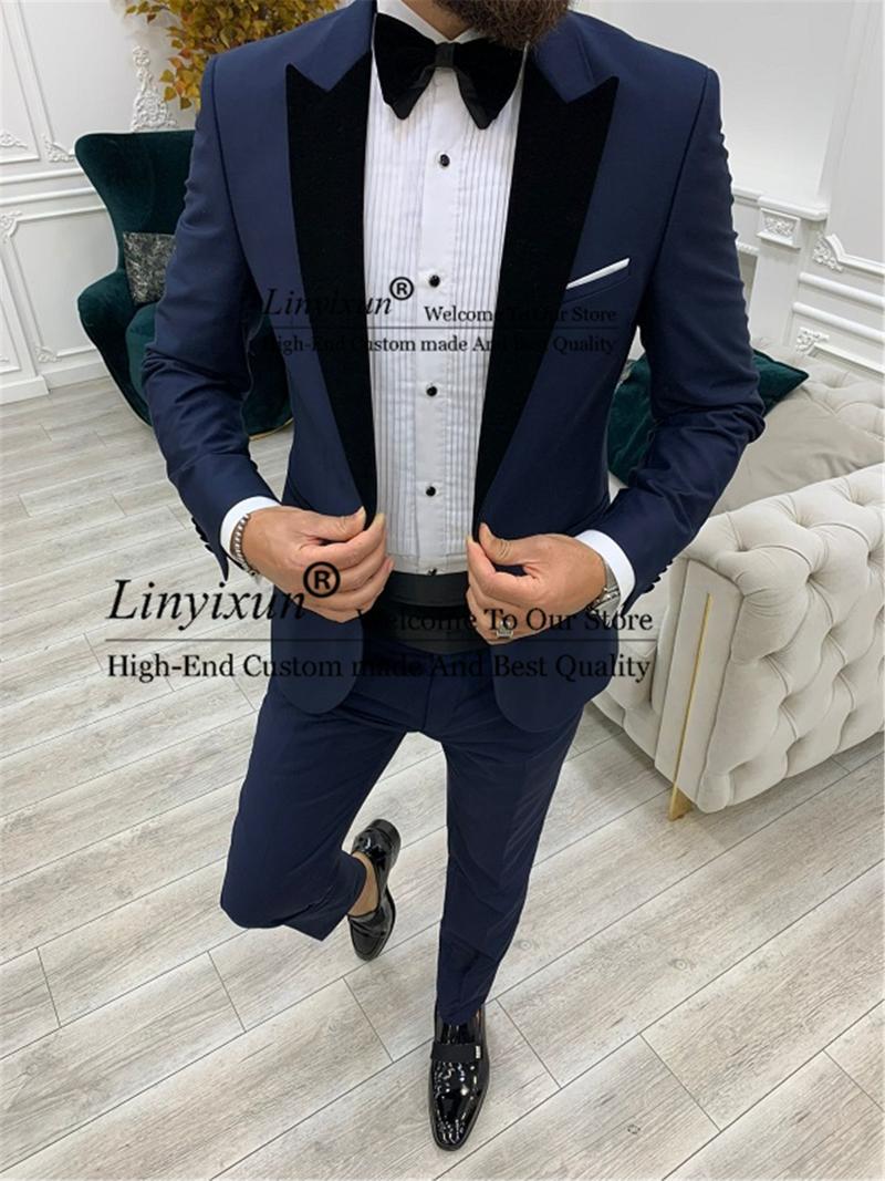 

Men's Suits & Blazers Navy Blue Men 3 Piece Wedding Tuxedos Peaked Velvet Lapel Slim Fit Male Prom Blazer Ternos Masculino Jacket Pants Vest, Black