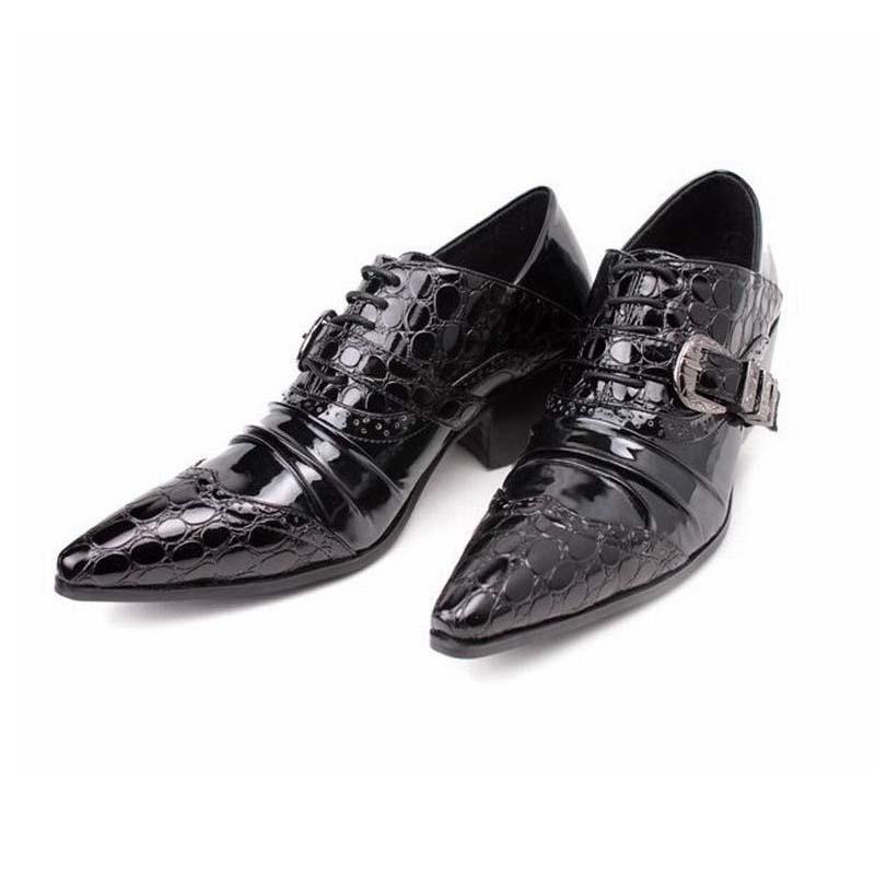 

Dress Shoes 2022 Men Fashion Crocodile Pattern Patchwork Buckle Pointed Toe Oxfords Business Party Wedding High Heels Shoe, Black
