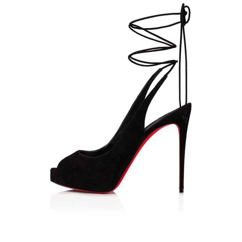 

Sandals The low-top upper exposes the foot with a 120mm heel in black calfskin veneer detailing laces wrap around ankle
