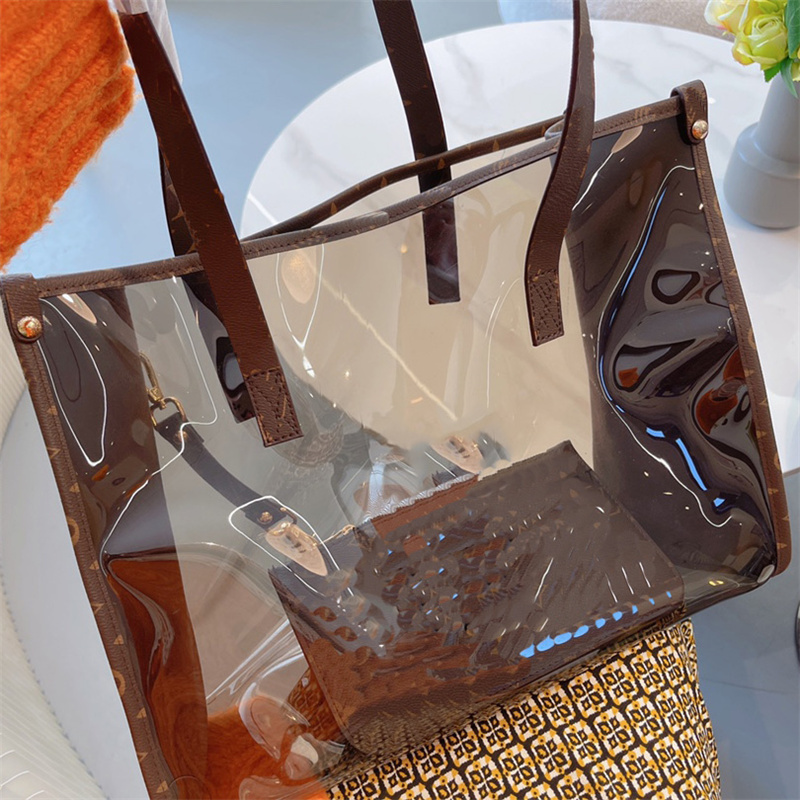 

JIANG High Street Brand Designer Women Enough Bag Handbag Large Capacity Transparent Jelly Shoulder Bag Totes, Brown