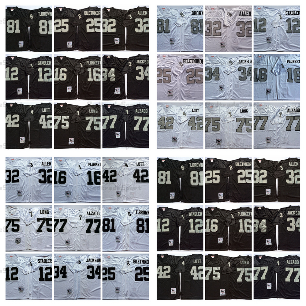 

Vintage 34 Bo Jackson 42 Ronnie Lott Football Jerseys 32 Marcus Allen 25 Fred Biletnikoff 12 Ken Stabler 16 Jim Plunkett 75 Howie Long 77 Lyle Alzado 81 Tim Brown Jersey, Black
