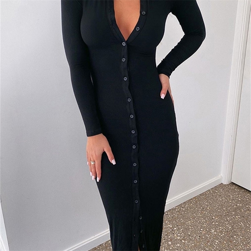 

WannaThis Long Sleeve Party Dresses Women Button Knitted Ankle-Length V-Neck Skinny Autumn Sexy Dresses Women Cotton Split Hem 220406, Gray