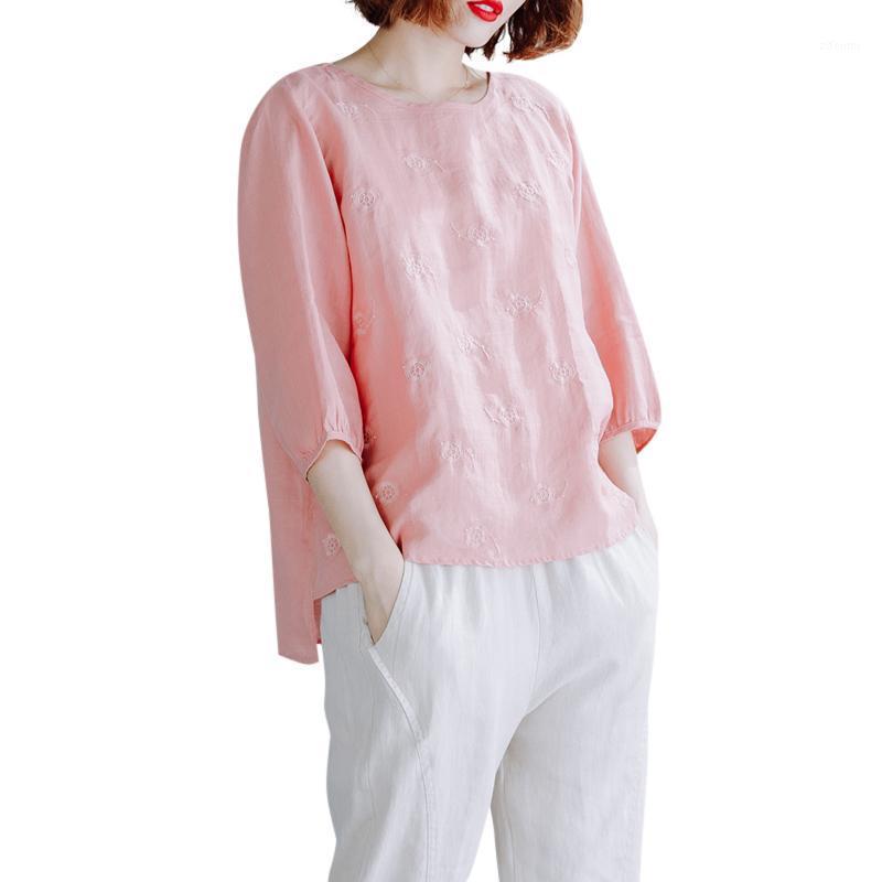 

Cotton Linen Embroidery Women Blouse 2022 Summer O-Neck Half Sleeved Loose Solid Pink Sweet Female Pulls Tops Women's Blouses & Shirts