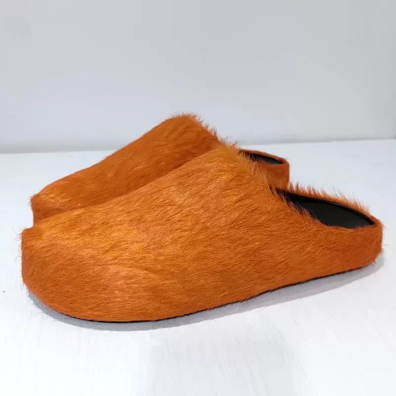 

Horsehair Platform Half Slipper Women Autumn Wrap Toe Slides Thick Sole Flat Fur Shoes Woman Fashion Summer Flat Slippers, Orange