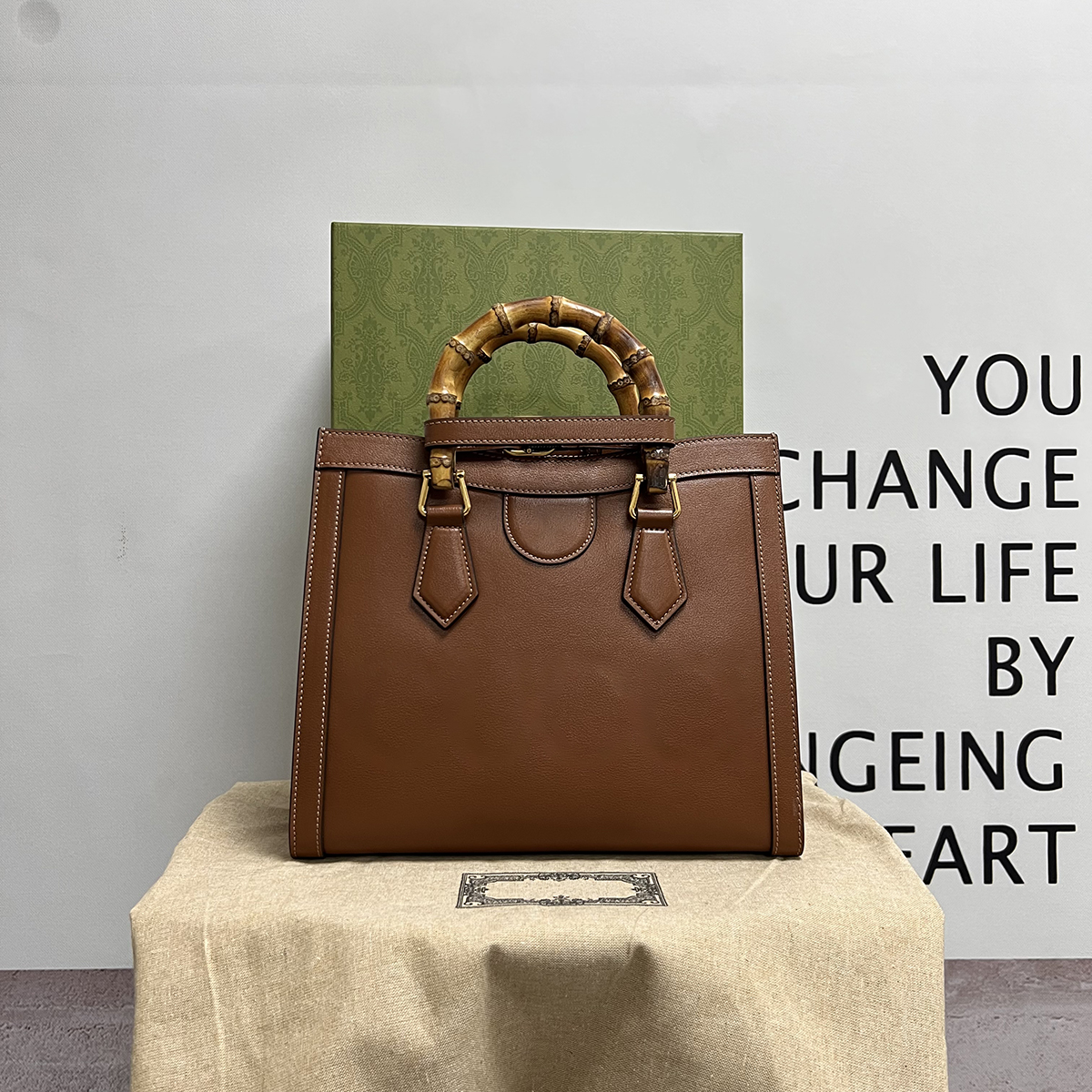 

Mirror quality double G bamboo small tote bag leather handbag for lady fashionable new ladies shoulder handbags with box G100, Brown