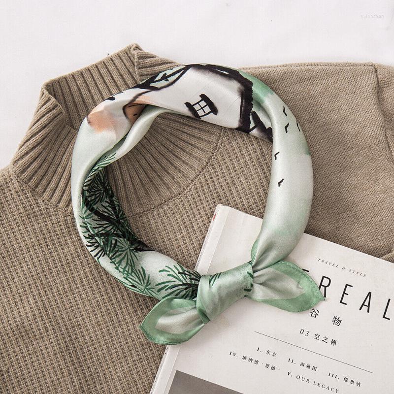 

Scarves 100% Silk Scarf Unisex Man Women Vintage Chinese Painting Mountain House Kerchief Bandana 53 53cmScarves