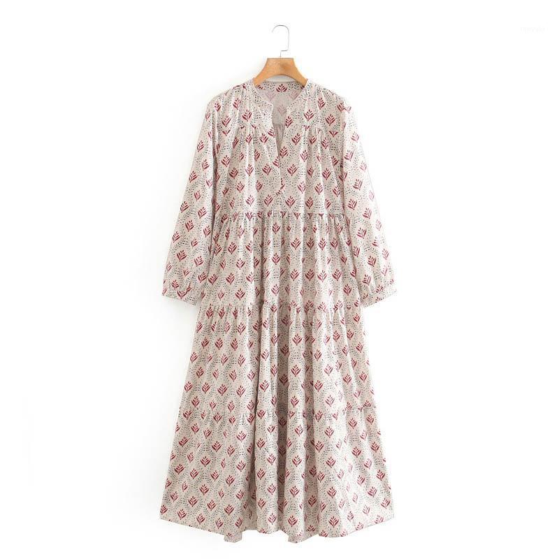 

Design Long Sleeve O Neck Print Casual Loose Dress Women Summer Dresses Clothing, Beige