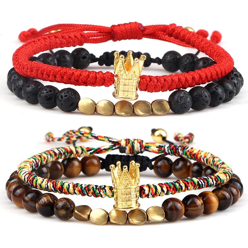 

Beaded, Strands 2Pcs/Set Handmade Adjustable Braided Bracelet Charm Crown Copper Beads Natural Tiger Eye Lava Stone Bangles Couple Yoga Jewe