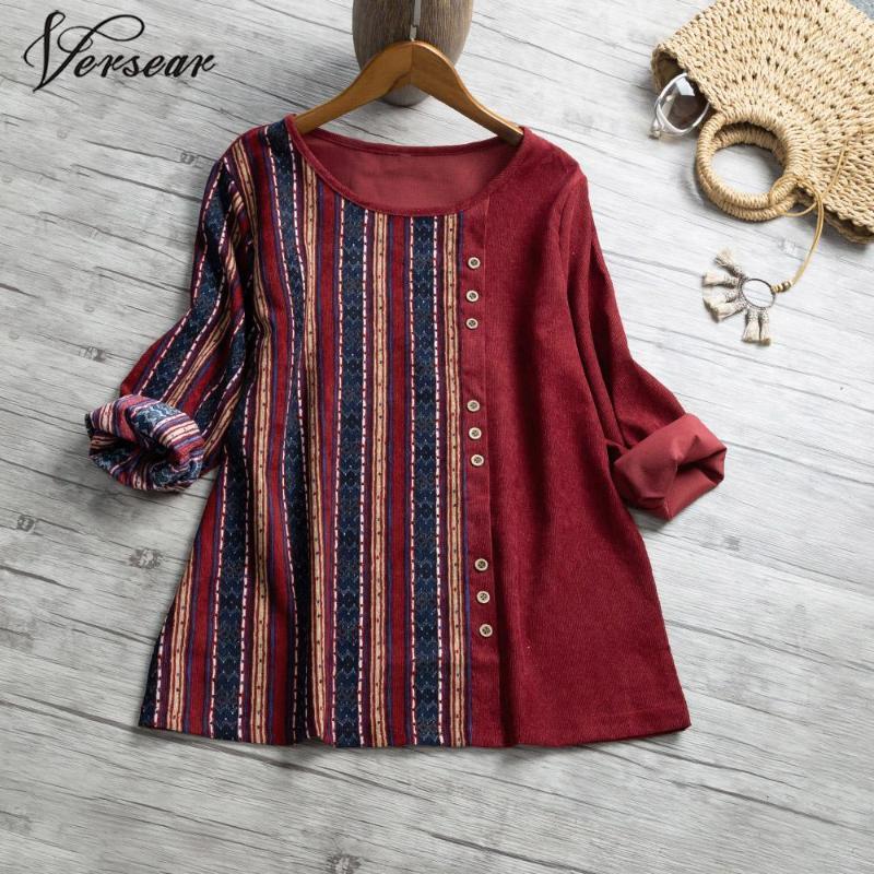 

Versear Autumn Vintage Women Blusas Striped Print Spliced Buttom Blouse Loose Plus Size 5XL Corduroy Casual Femininas Women's Blouses & Shir, Black