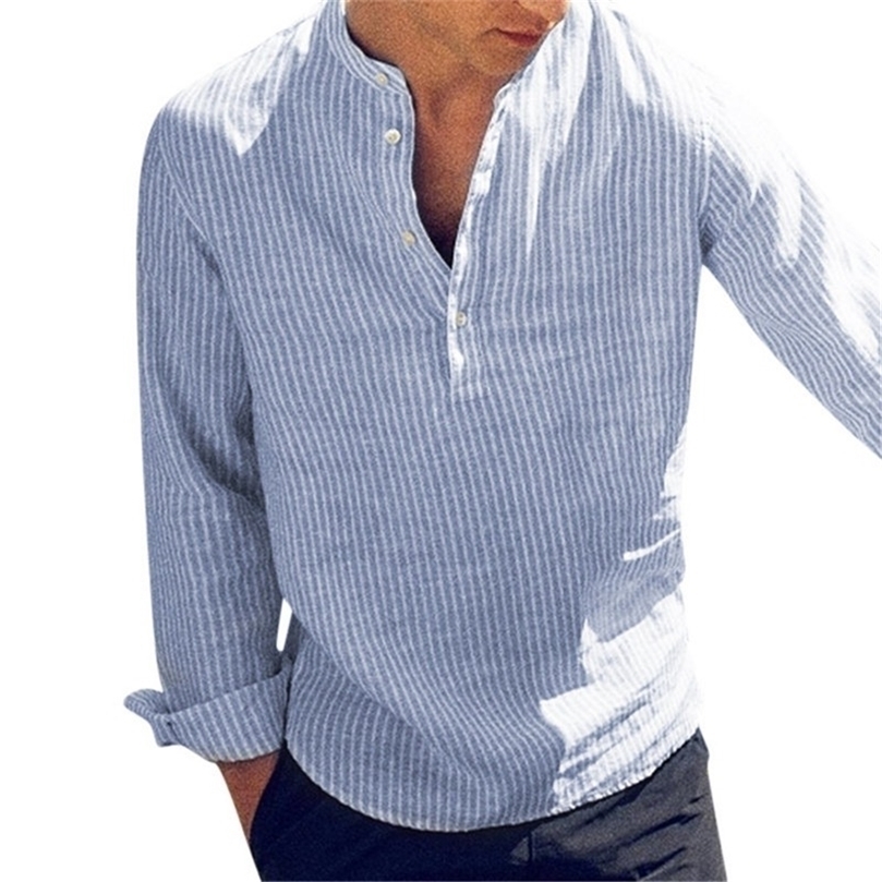Helisopus Cotton Long Sleeve Mens Shirt Autumn Striped Slim Fit Stand Collar Male Clothes Plus Size 5XL Camisa Masculina 220813