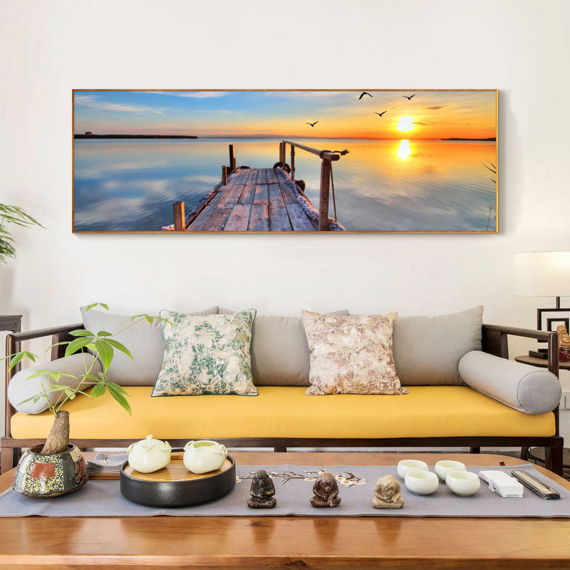 

Modern Seascape Posters and Prints Wall Art Canvas Painting Wooden Bridge and Sunrise Pictures for Living Room Decor No Frame