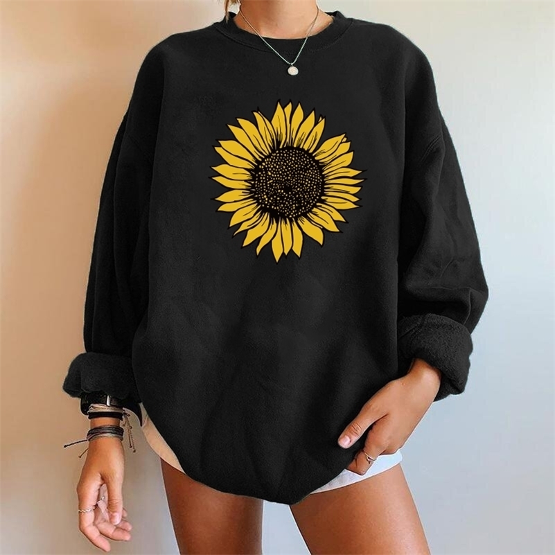 

Harajuku Oversized Sunflower Print Women Sweatshirt Crewneck Pullover Drop Shoulder Loose Streetwear Moletom Feminino 220813, Black