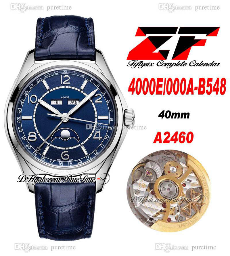 

ZF Fiftysix Complete Calendar A2460 Automatic Mens Watch 40mm Steel Case Blue Dial Silver Number Moon Phase Leather Strap 4000E-000A-B548 Super Edition Puretime 02a1