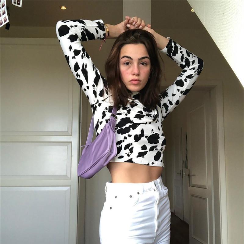 T-Shirt femme DropAnimal vache imprimé à manches longues femmes col roulé élastique haut court T-Shirt dames maigre t-shirt décontracté Femm