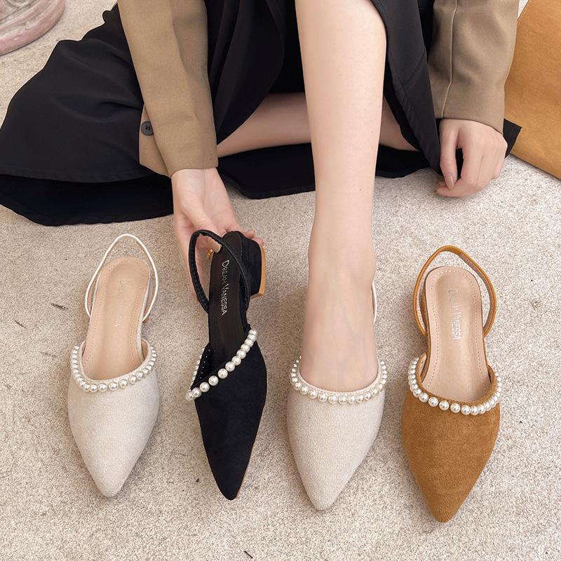 

Sandals 2022 Summer Beige Heeled Sale Of Women's Shoes All-Match Black Low Pointed Clear Pearl Comfort Spring Girls Cotton F