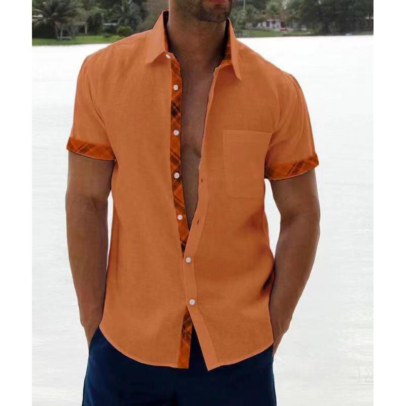 

Men's Casual Shirts Mens Linen Blouse Short Sleeve Baggy Buttons Summer Color Matching Comfortable Cotton And Loose Holiday TeeMen's, B001