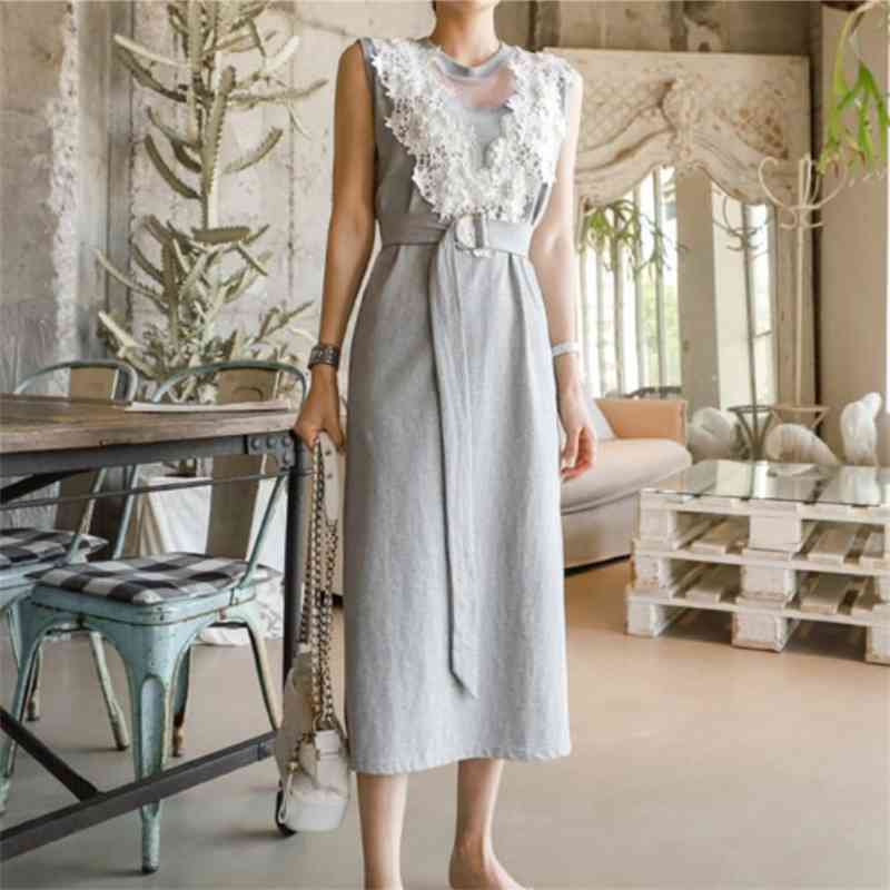 

Korean Elegant Women Casual Dress Summer Sexy ONeck Lace Patchwork Sleeveless Midi With Belt Female Vestidos 210526, Photo color
